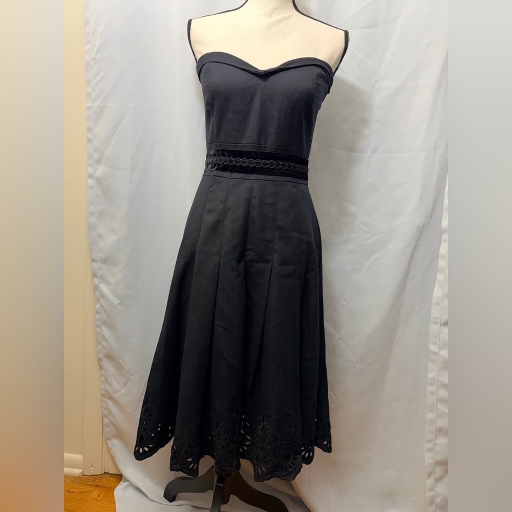 Tibi NWT $ 368  Y2K Black strapless 100% wool eyelet skirt dress Sz 10 See Pics